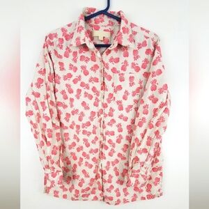 Paradise Shores Long Sleeve Linen Blend Button Front Blouse Pink Pineapple Sz L